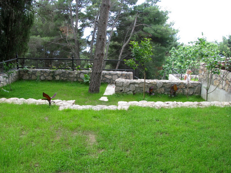 Jardin verdoyant avec terrasses en pierre et pins sur le terrain de la villa à Šušanj, Monténégro.
