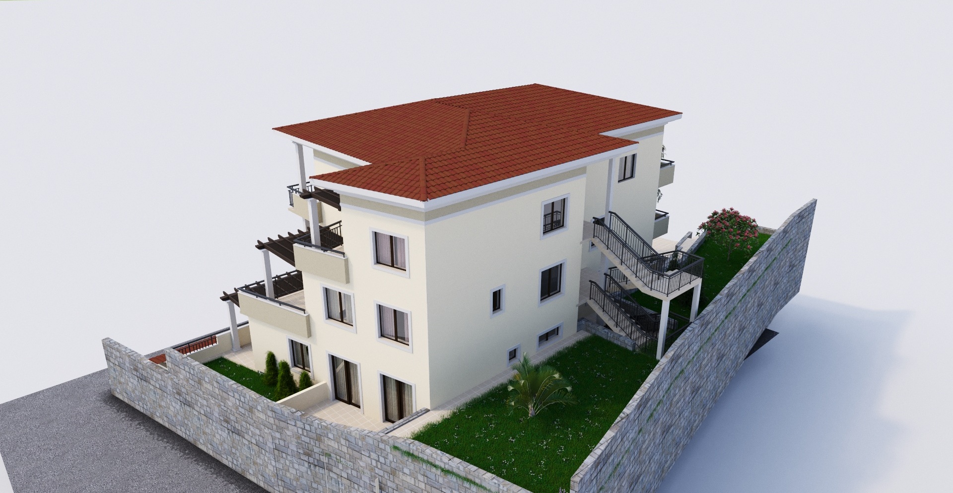 3D-Visualisierung eines dreistöckigen Hauses mit Terrassen und Garten in Tivat, Montenegro. Moderner Wohnkomplex mit Ziegeldach.
