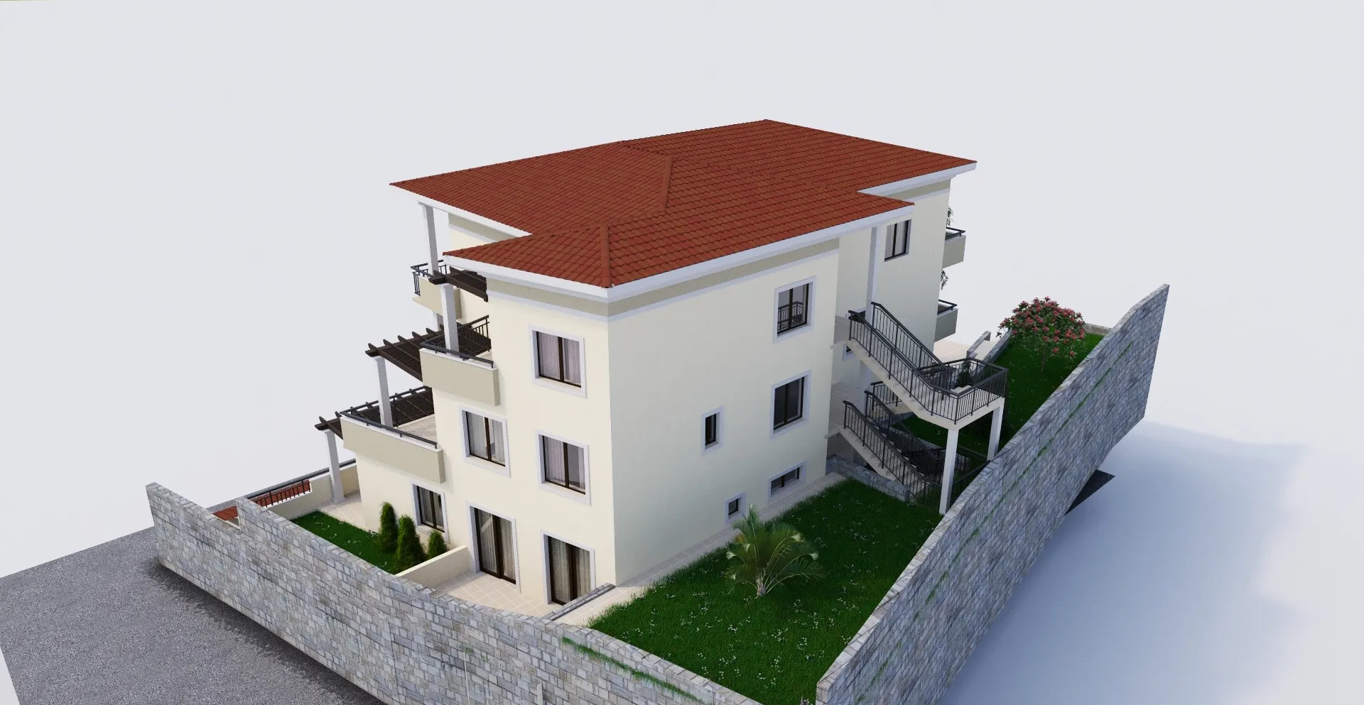 3D-Visualisierung eines dreistöckigen Hauses mit Terrassen und Garten in Tivat, Montenegro. Moderner Wohnkomplex mit Ziegeldach.