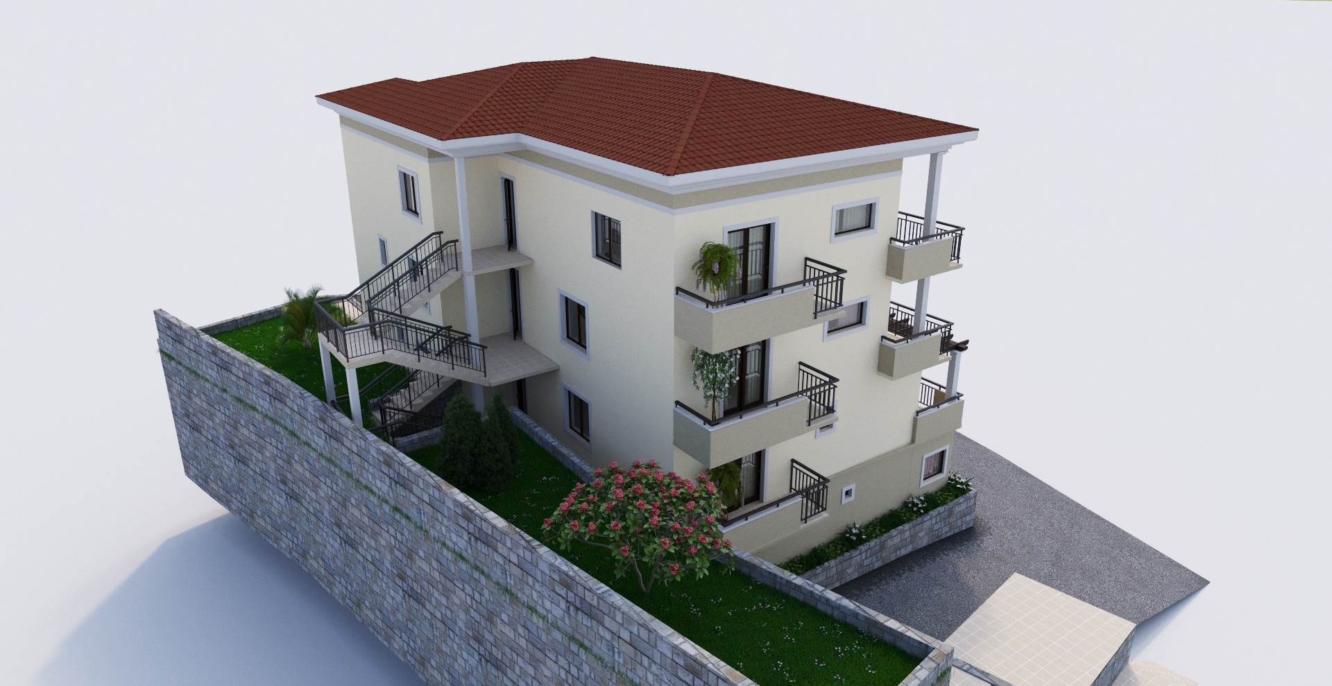 3D-Visualisierung eines dreistöckigen Hauses in Tivat, Montenegro: moderne Architektur, Balkone und Außenbereich.