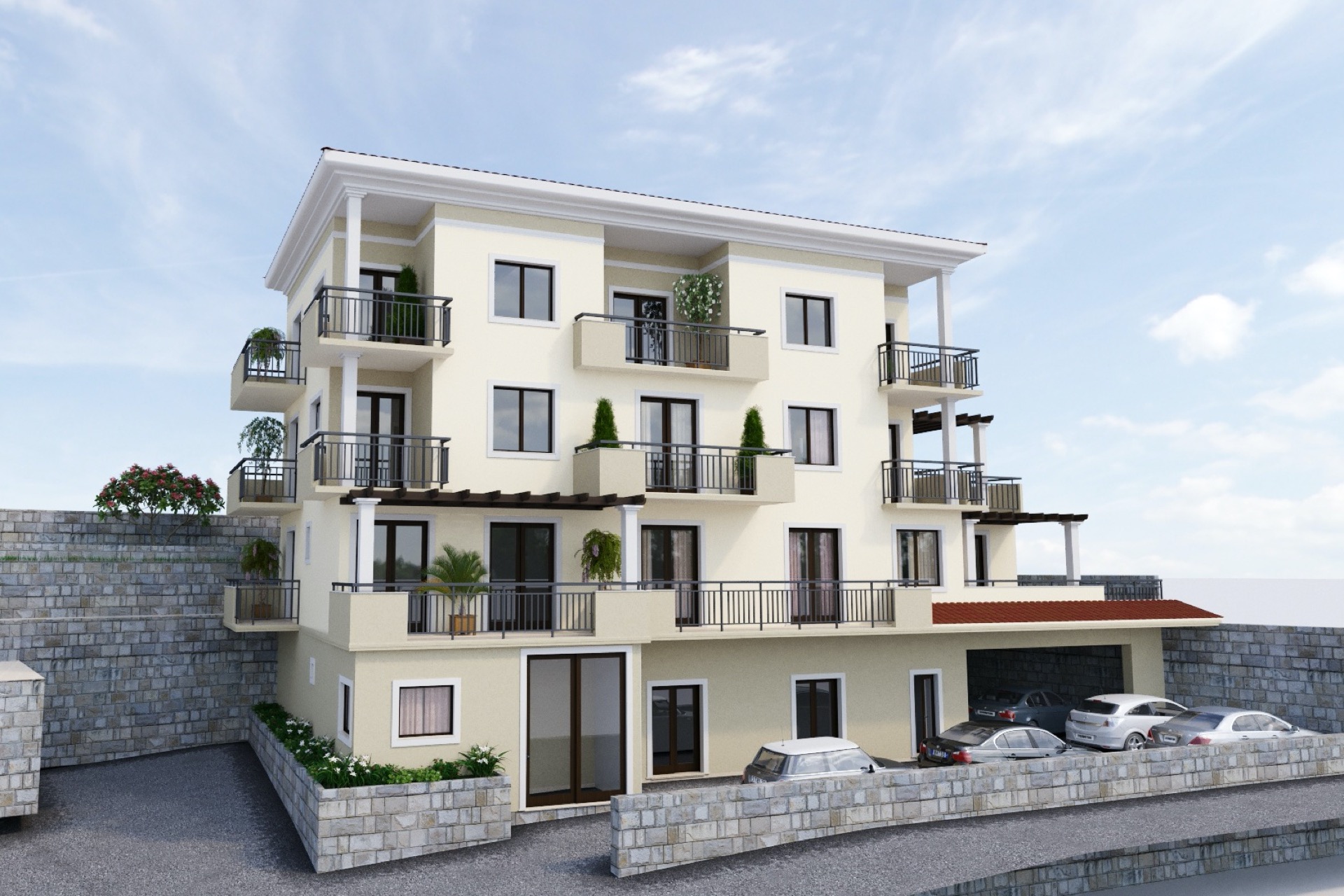 Dreistöckiges Wohnhaus in Tivat, Montenegro: moderne Architektur, Balkone, Terrassen und Parkplätze am Gebäude.