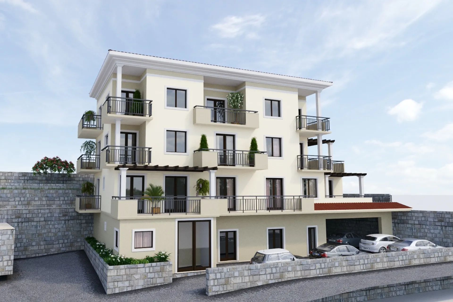 Dreistöckiges Wohnhaus in Tivat, Montenegro: moderne Architektur, Balkone, Terrassen und Parkplätze am Gebäude.