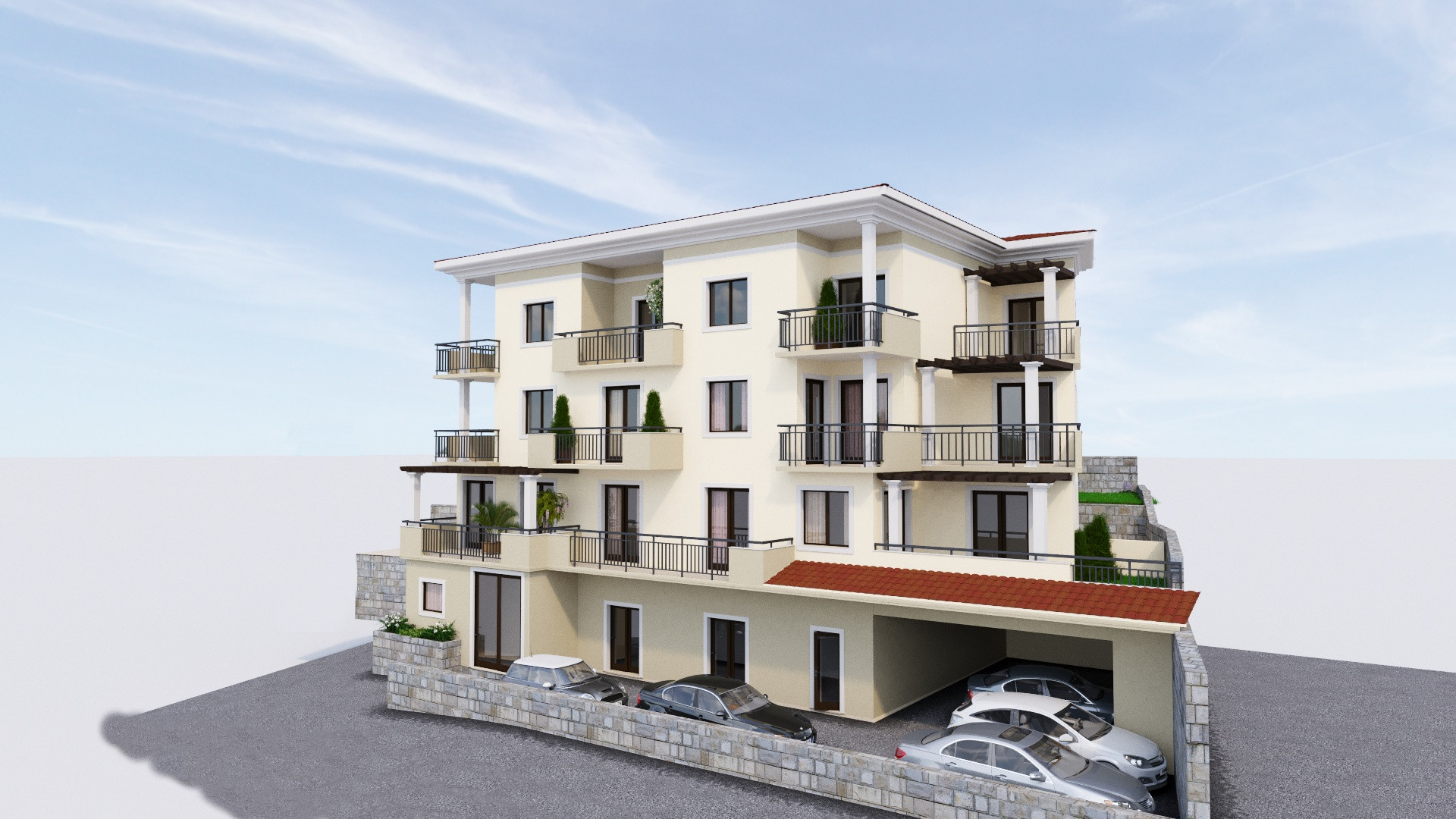 3D-Visualisierung eines Wohnhauses in Tivat, Montenegro: modernes Gebäude mit Balkonen, Terrassen und überdachten Parkplätzen.