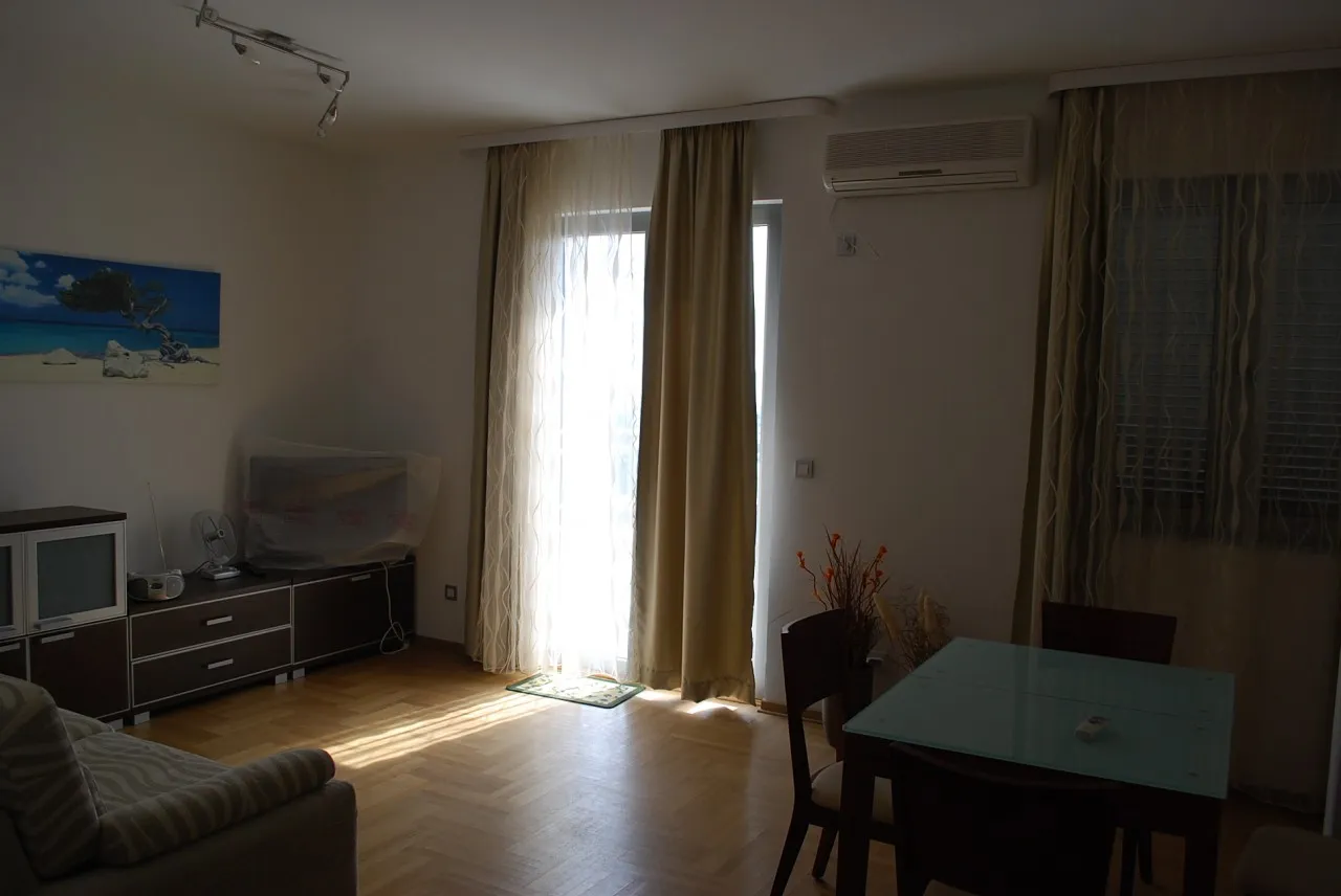 Living room with sofa, TV unit, dining table near window with curtains and AC unit.