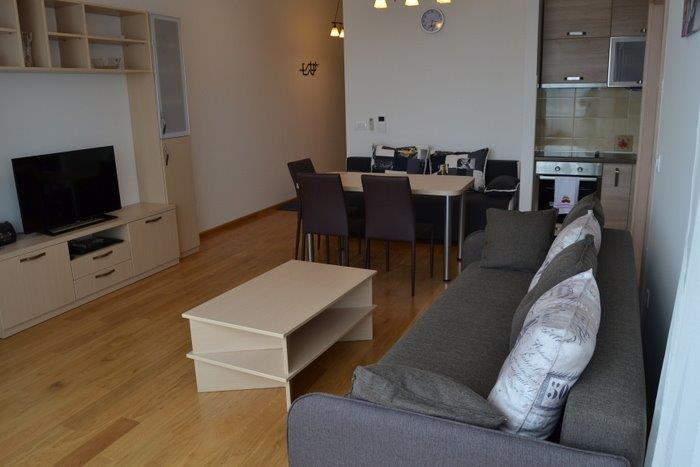 Living room with kitchen in an apartment in Bečići, Montenegro: modern furniture, bright interior, and dining area.