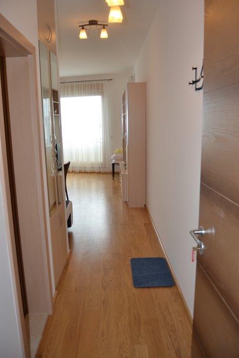 Bright hallway and living room in an apartment in Bečići, Montenegro: parquet flooring, built-in wardrobe, and access to the balcony.