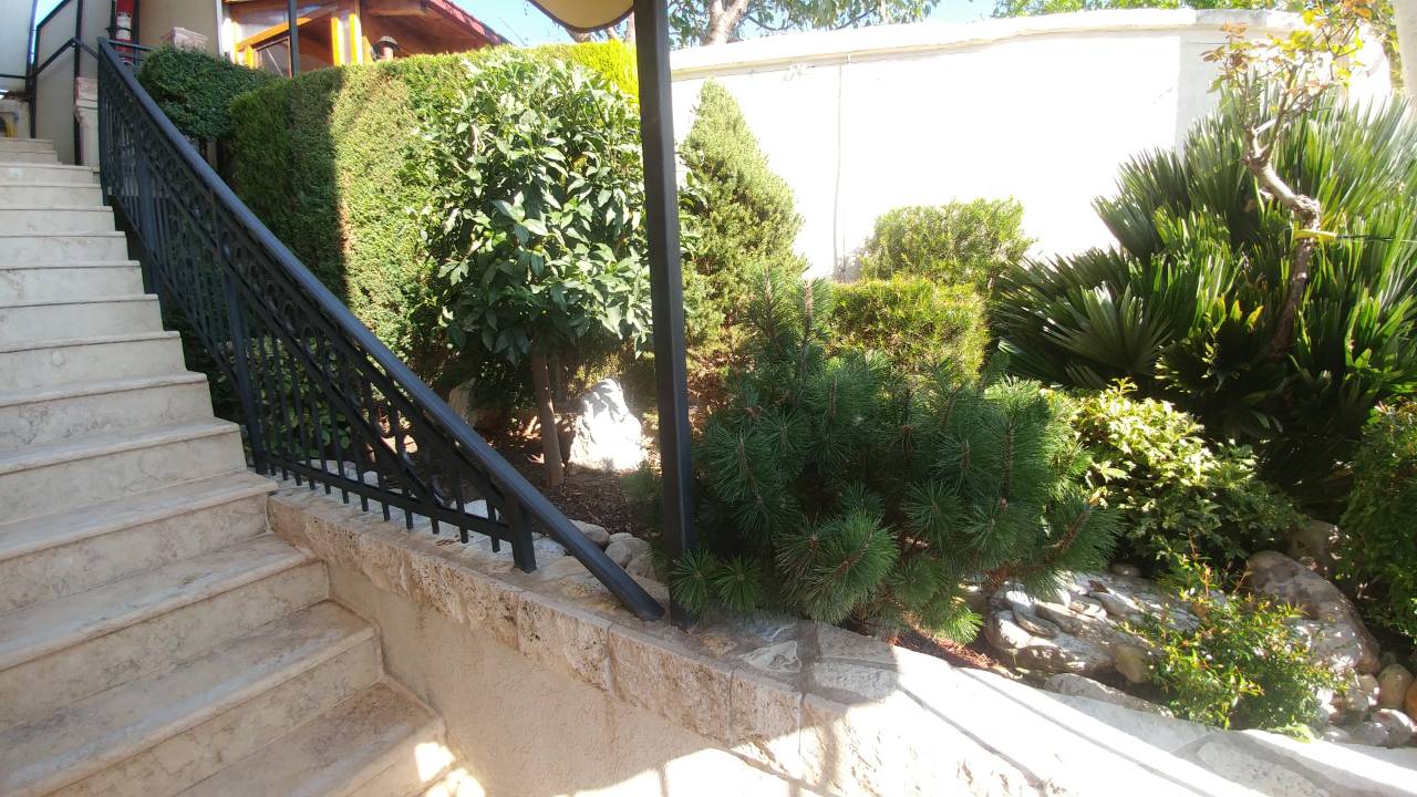Escalier extérieur en pierre avec balustrade en métal noir près d'un jardin