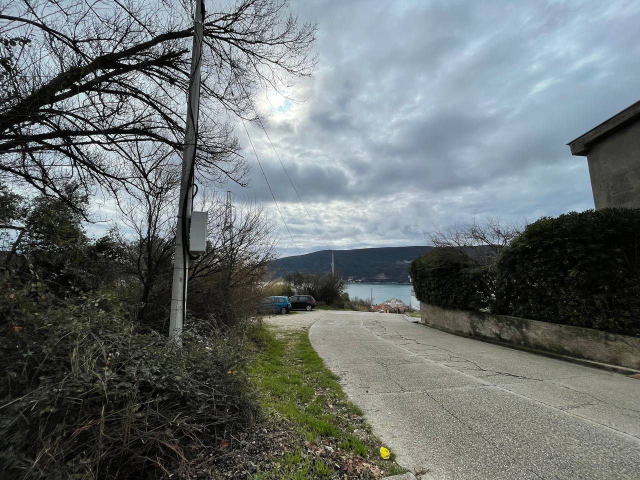Eine Straße, die hinunter zur Bucht mit Bäumen und Häusern führt