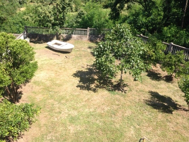 Grüner Garten mit Obstbäumen und dekorativem Boot auf dem Grundstück eines Privathauses in Tivat, Montenegro.