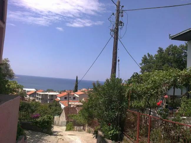 Pogled na more i grad Šušanj u Crnoj Gori sa terase kuće, okružene zelenilom i vinogradom, sunčan dan.