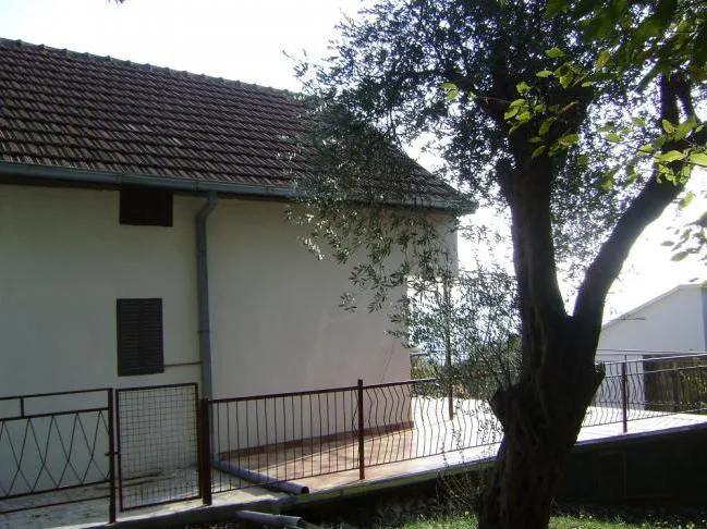 Bela kuća sa crepnim krovom i terasom u Šušnju, Crna Gora: spoljašnji pogled sa maslinom i ogradom.