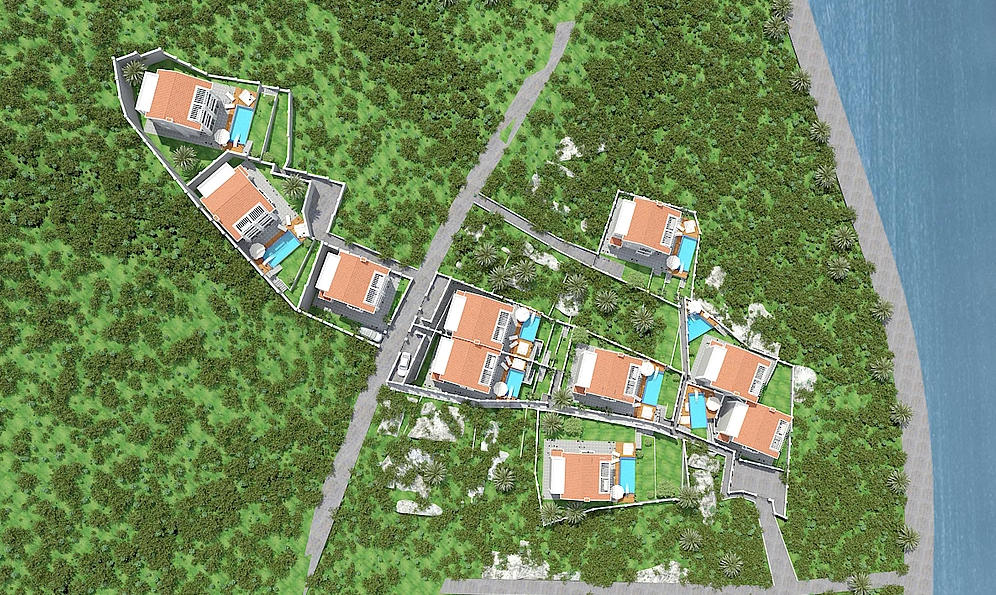 Masterplan der Villenanlage mit Pools in Herceg Novi, Montenegro: Draufsicht auf exklusive Immobilien am Meer.