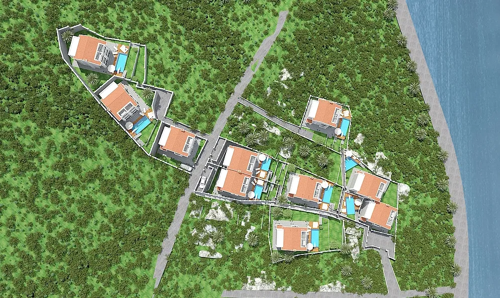 Masterplan der Villenanlage mit Pools in Herceg Novi, Montenegro: Draufsicht auf exklusive Immobilien am Meer.