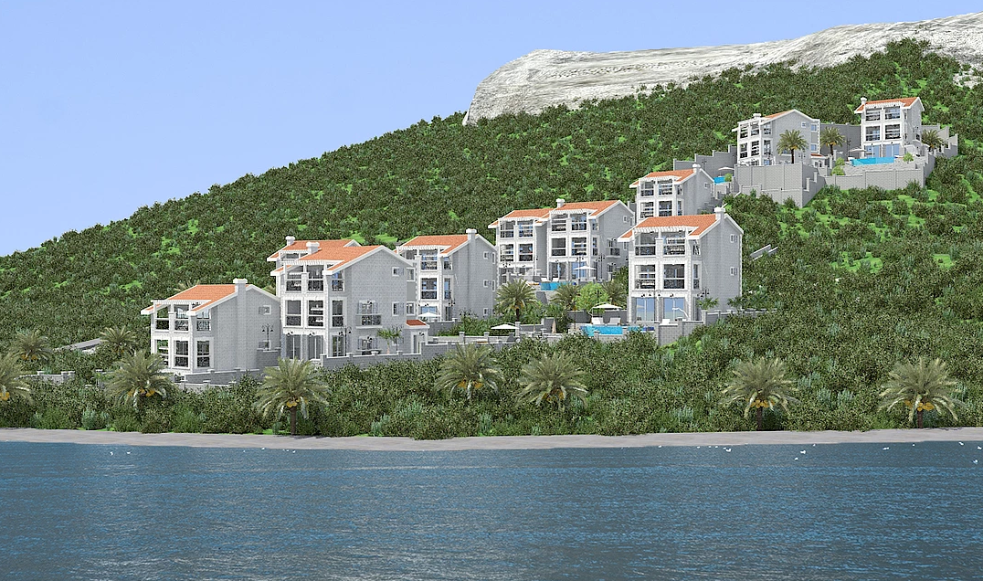 Komplex moderner Villen mit Pools am Berghang am Meer in Herceg Novi, Montenegro. Blick auf exklusive Immobilien.