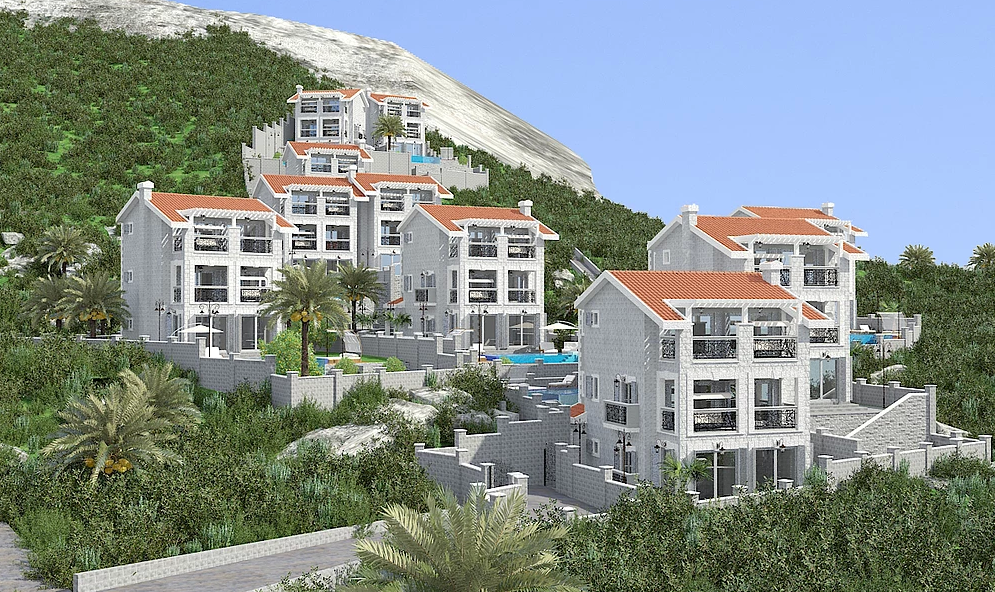 Komplex moderner Villen mit Pools am Berghang in Herceg Novi, Montenegro: Blick auf die Architektur und das Gelände.