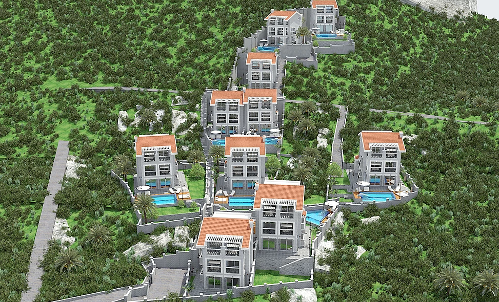 Komplex moderner Villen mit Pools am Berghang in Herceg Novi, Montenegro: Draufsicht auf das Architekturprojekt.