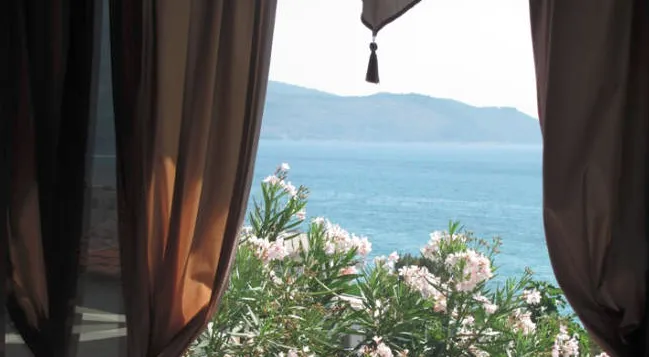 Pogled na more i planine iz prozora spavaće sobe stana u Igalu, Crna Gora, sa cvetajućim oleandrima i braon zavesama.