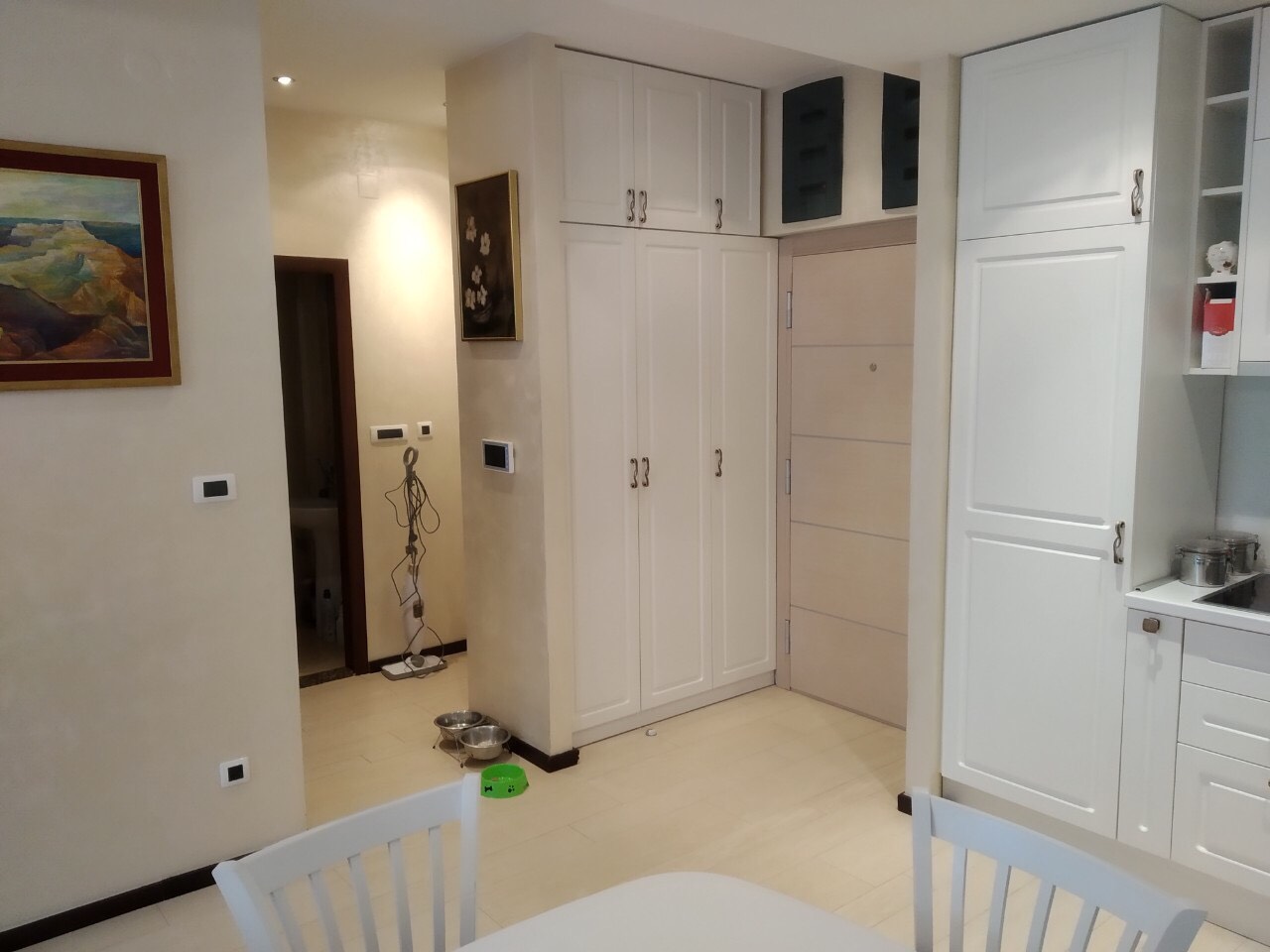 Savremena kuhinja sa ugrađenim belim nameštajem i ormarima u stanu, Budva, Crna Gora.
