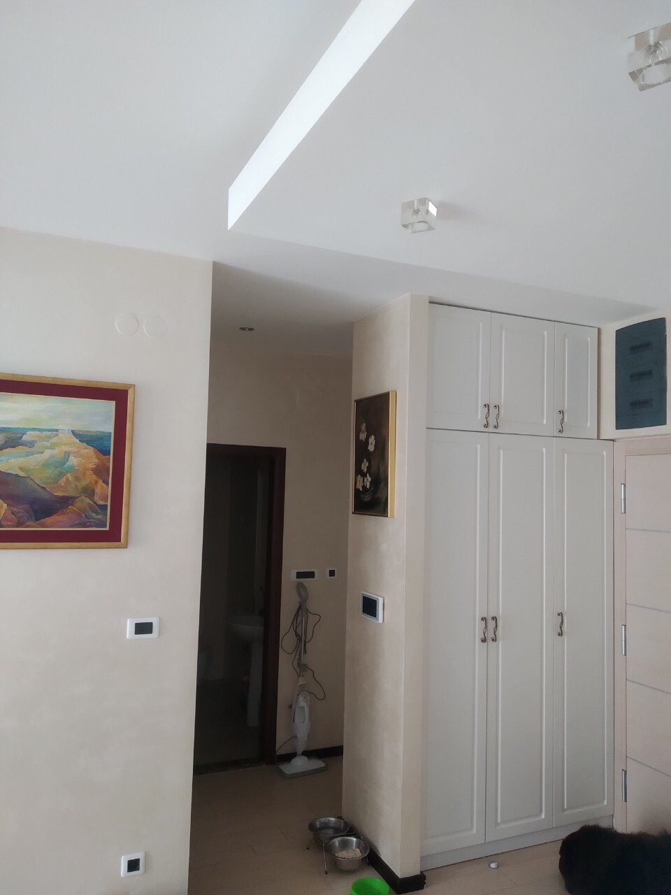 Enterijer dnevne sobe u stanu u Budvi, Crna Gora: ugrađeni beli ormar, svetla obrada zidova i dekor slikama.