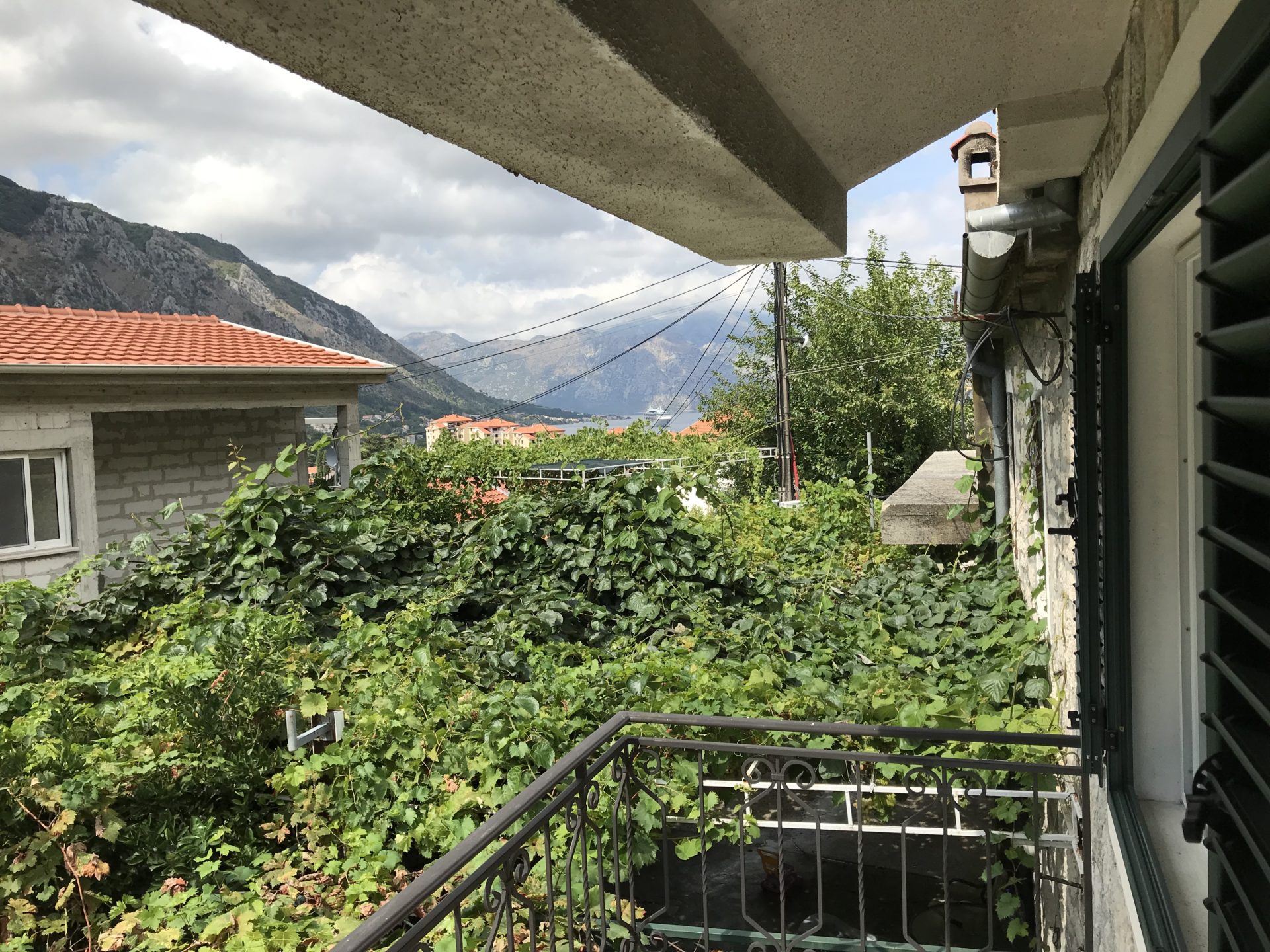 Blick vom Balkon eines Hauses in Kotor, Montenegro: Panorama aus Bergen, Grün und Bucht, schmiedeeiserne Geländer und Weinreben.