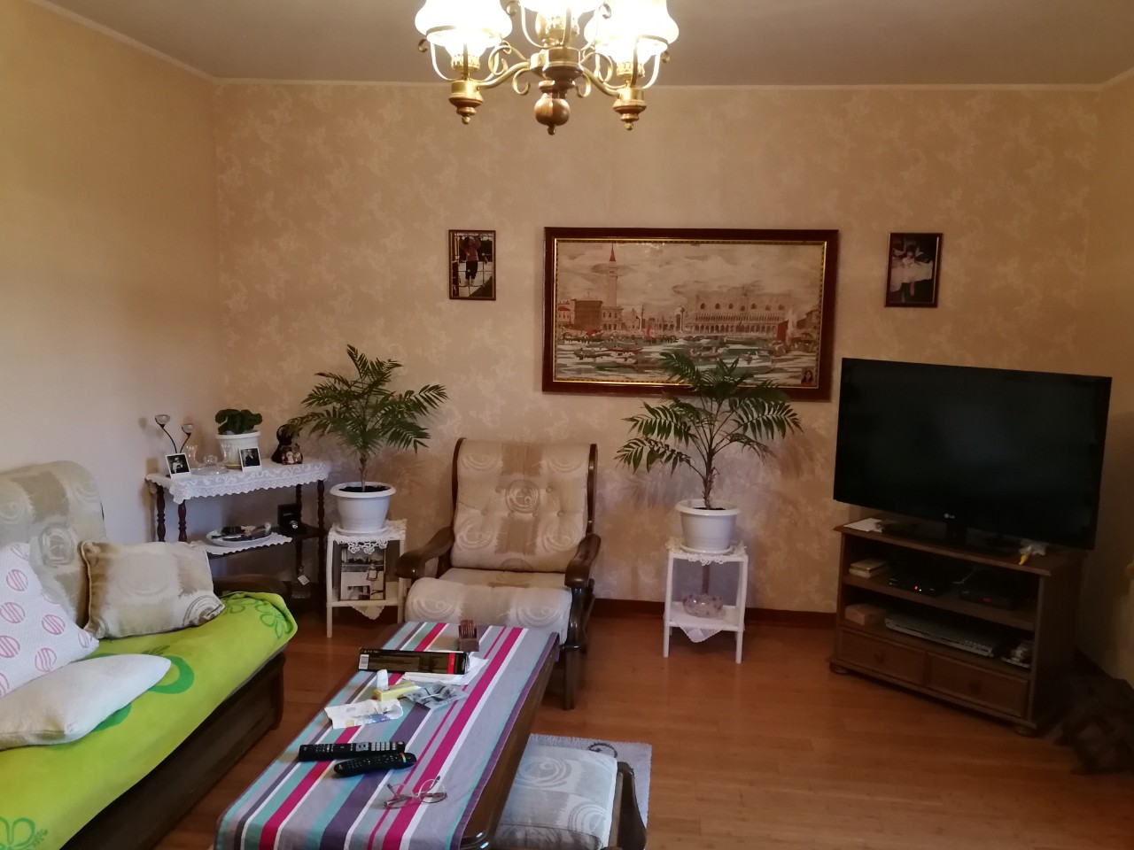 Gemütliches Wohnzimmer in einem Haus in Tivat, Montenegro: weiche Sitzmöbel, Couchtisch, TV-Bereich und Zimmerpflanzen.