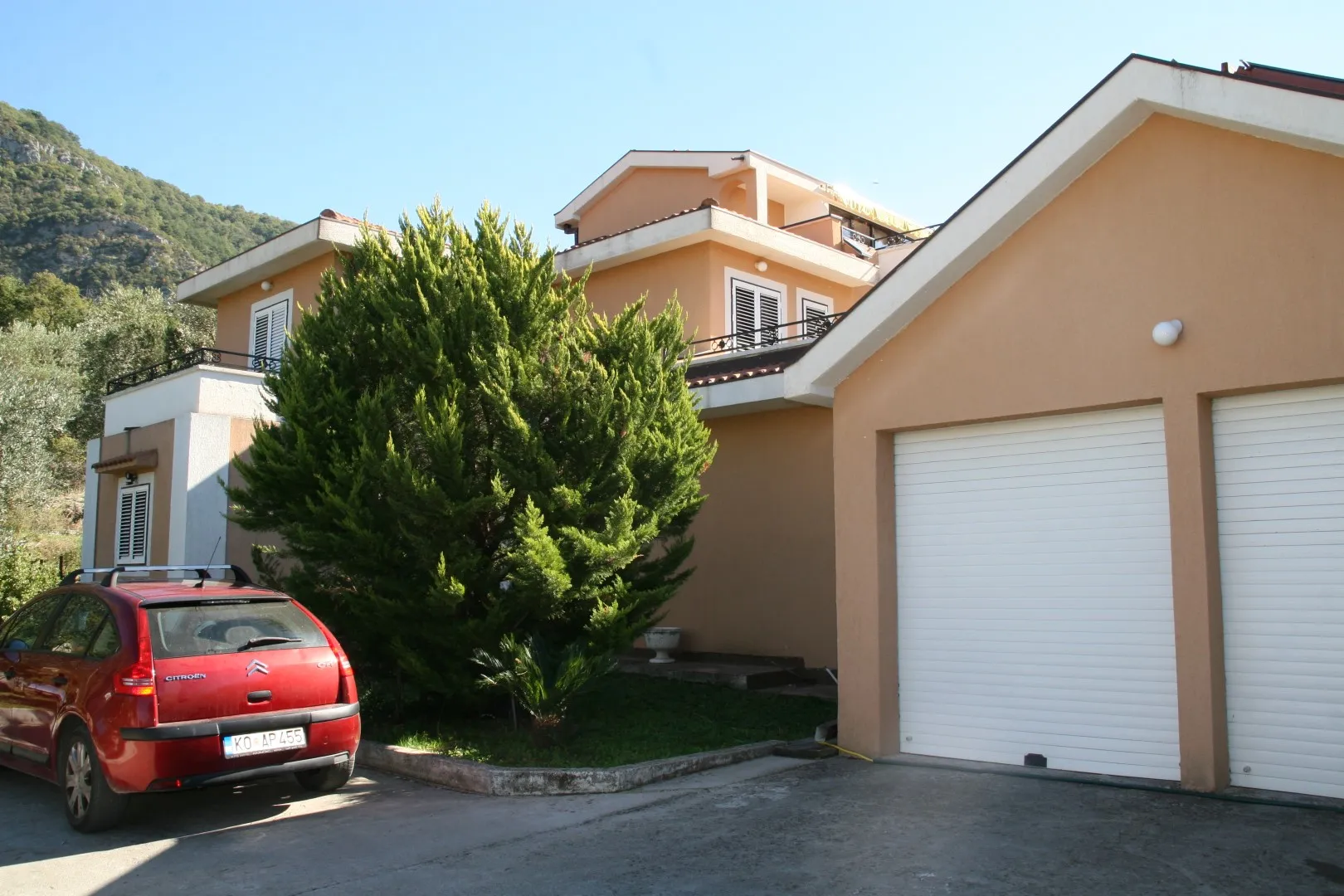 Außenansicht eines Hauses mit Garage, einem grünen Baum und einem roten Auto