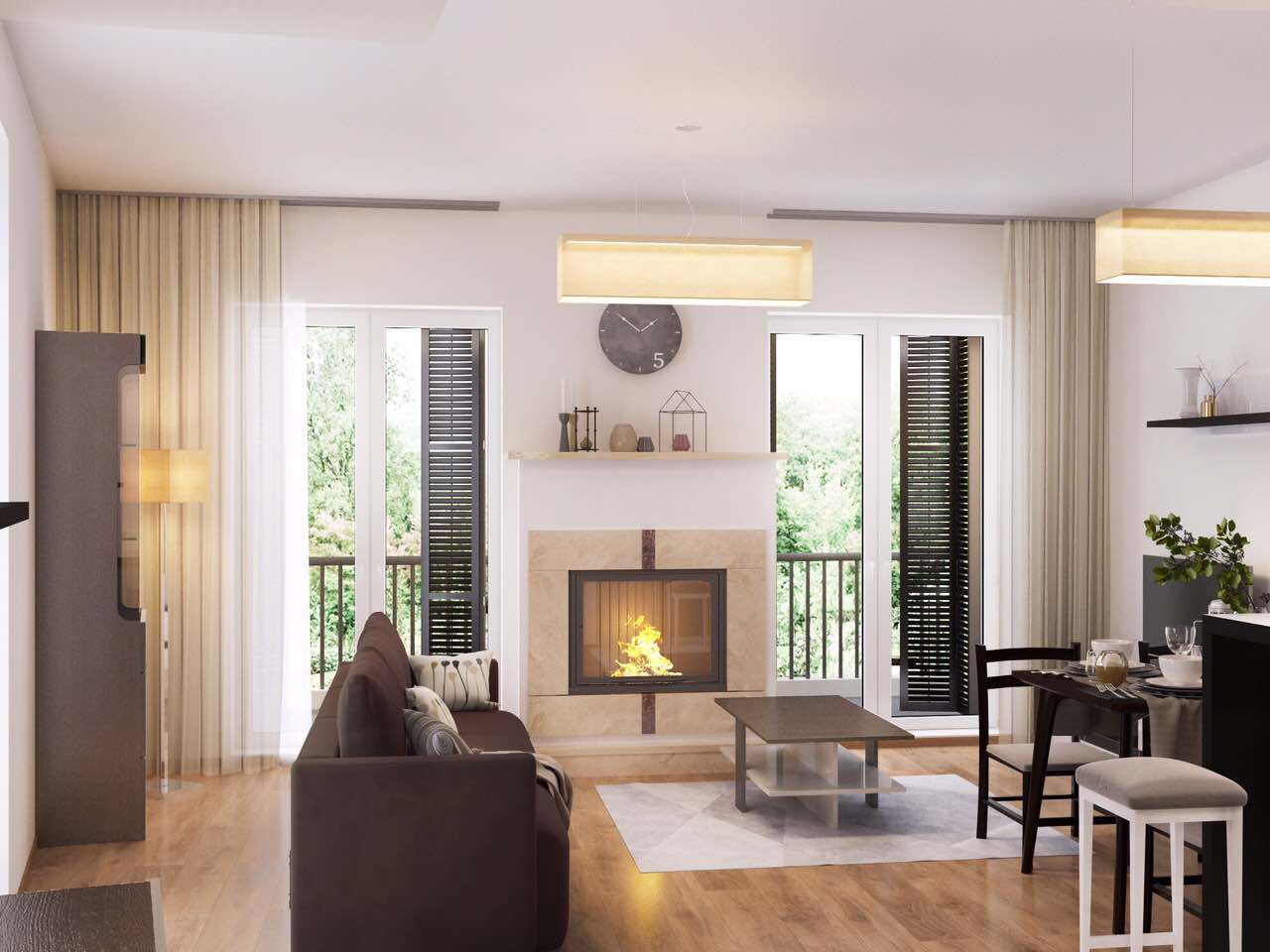 Modernes Wohnzimmer mit Kamin in einer Wohnung in Tivat, Montenegro: helles Interieur, weiche Möbel und Panoramafenster.