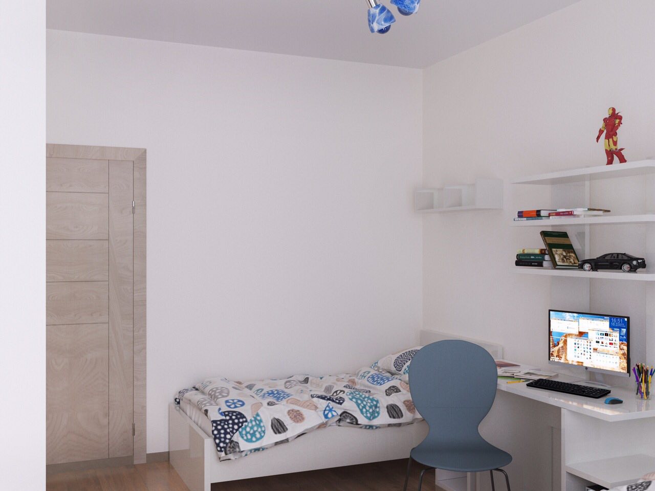 Helles Kinderzimmer mit Bett und Schreibtisch in einer Wohnung in Tivat, Montenegro. Modernes Interieur.
