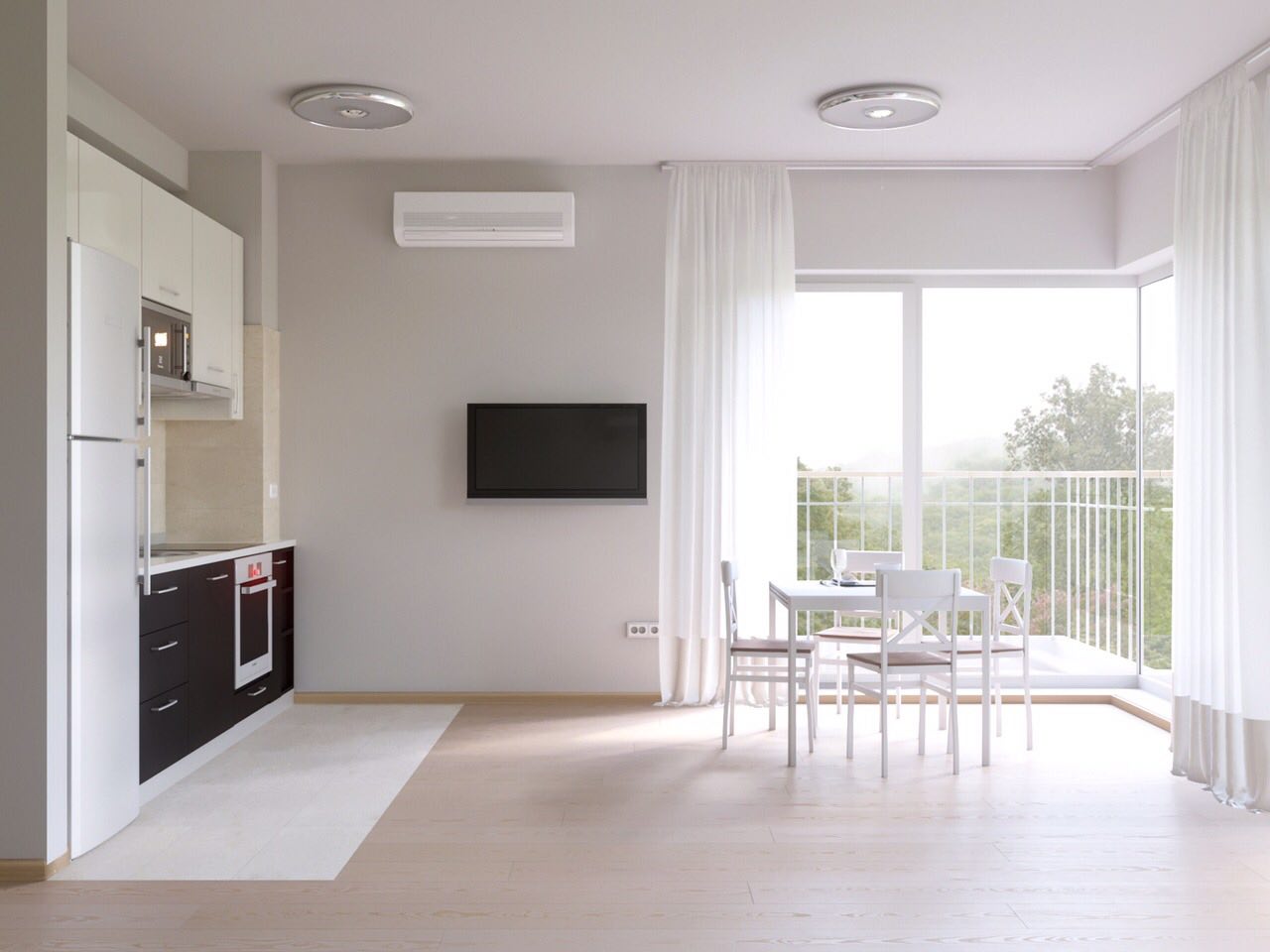 Moderne Wohnküche in einer Wohnung in Tivat, Montenegro: helles Interieur, Essbereich und Zugang zum Balkon.