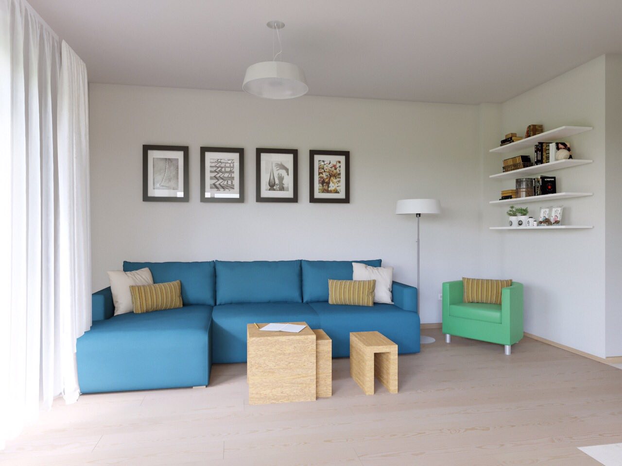 Wohnzimmer in einer Wohnung in Tivat, Montenegro: blaues Sofa, grüner Sessel, Holztische und Wandregale.