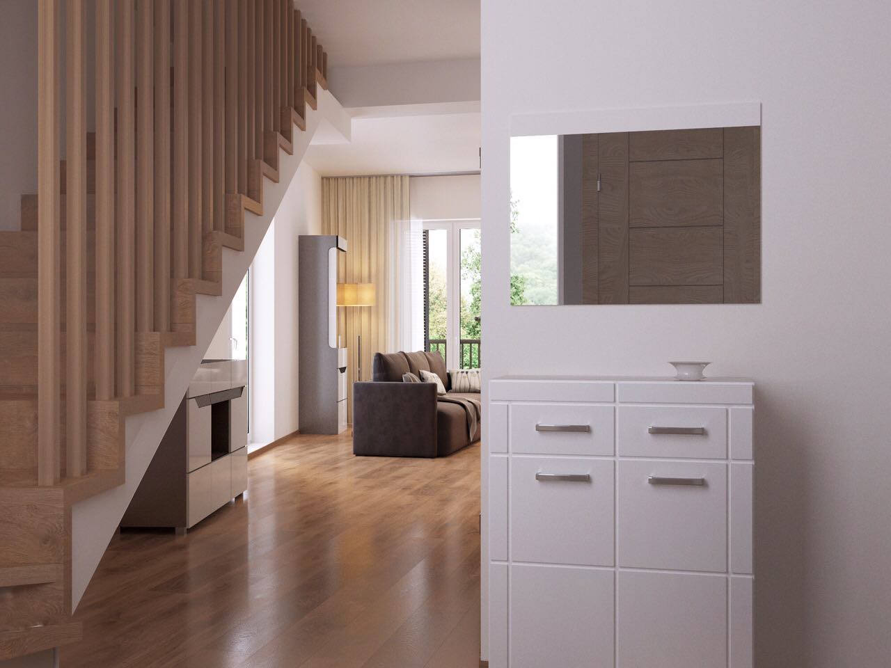 Modernes Wohnzimmer mit Holztreppe und weißem Sideboard in einer Wohnung in Tivat, Montenegro. Helles Interieur.