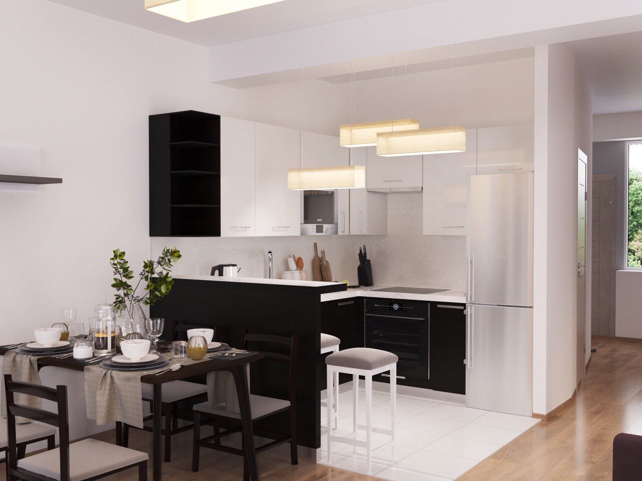 Moderne Wohnküche mit Essbereich in einer Wohnung, Tivat, Montenegro: schwarze und weiße Küchenzeile und Bartheke.