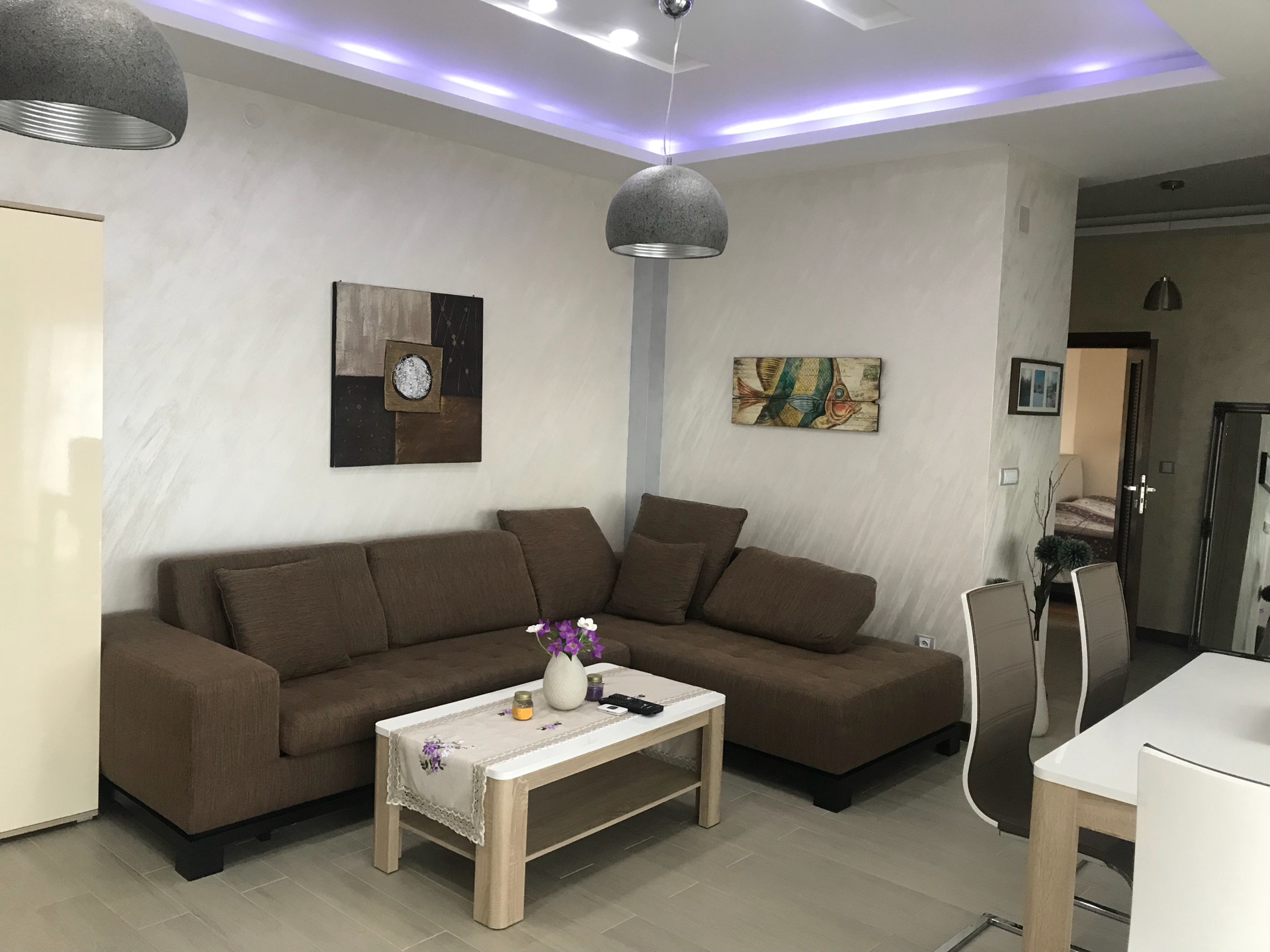 Nowoczesny salon z brązową sofą narożną i podświetleniem sufitu w mieszkaniu, Herceg Novi, Czarnogóra