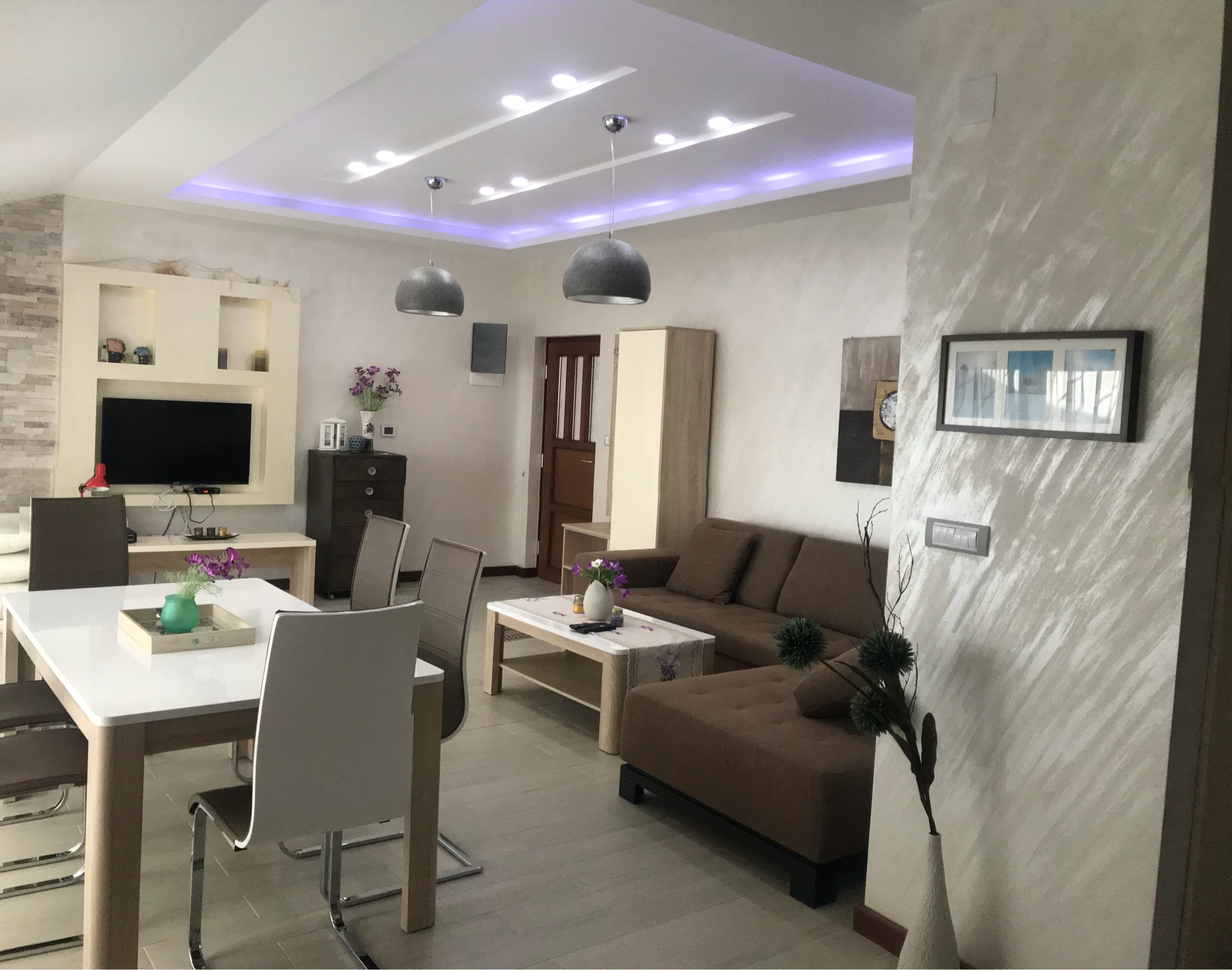 Nowoczesny salon z jadalnią w mieszkaniu, Herceg Novi, Czarnogóra: brązowa sofa, podświetlenie sufitu.