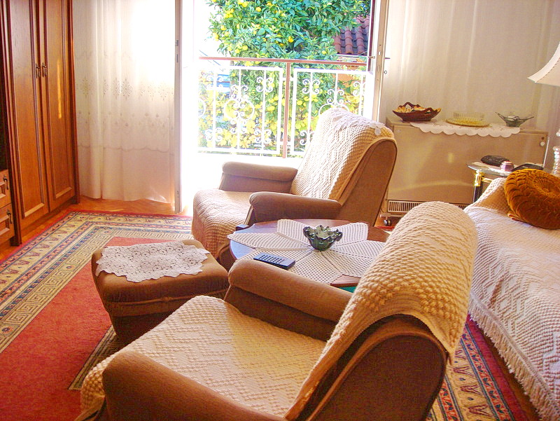 Cozy living room in a house in Baošići, Montenegro: soft armchairs, a rug, and access to a balcony overlooking a lemon tree.