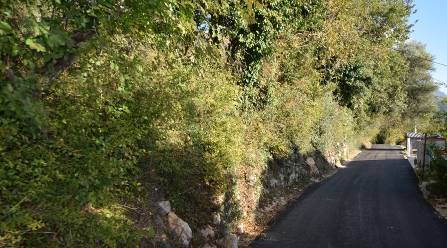 Paved road along the land plot in Kavac, Montenegro, surrounded by dense greenery and trees.