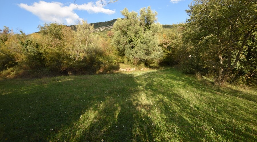 Land plot in Kavac, Montenegro: a flat green meadow with trees and mountain views for house construction.