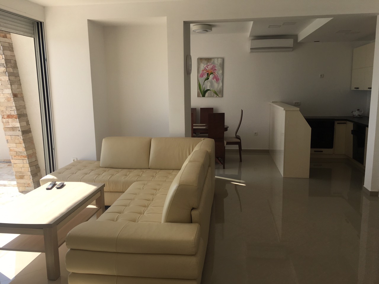 Helles Wohnzimmer mit Ledersofa und Küche in einem Haus an der Bar Riviera, Montenegro. Modernes Interieur mit Terrasse.