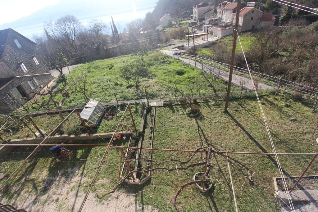 Widok na zieloną działkę z winnicą i kamienny dom w Orahovcu, Czarnogóra, z panoramicznym widokiem na morze i góry.