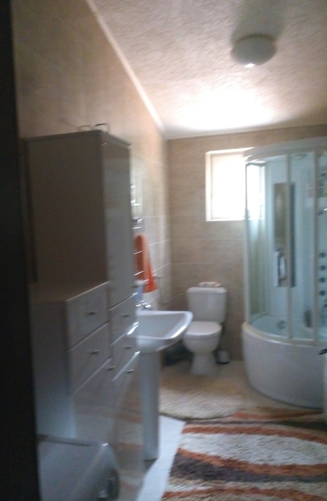 Bathroom in an apartment in Baošići, Montenegro: shower cabin, white fixtures, and light wall tiles.