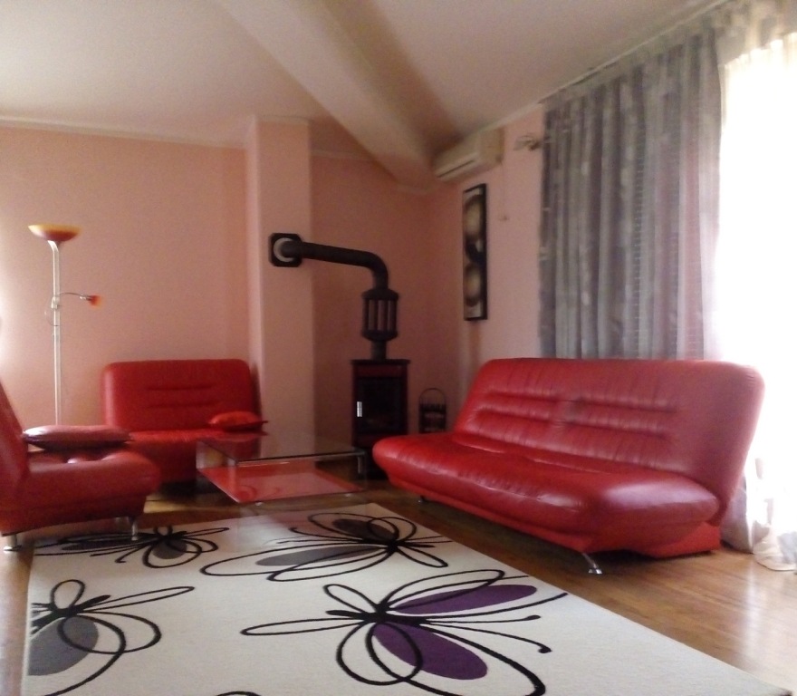 Living room in an apartment in Baošići, Montenegro: red leather sofas, a fireplace, a glass coffee table, and a patterned rug.