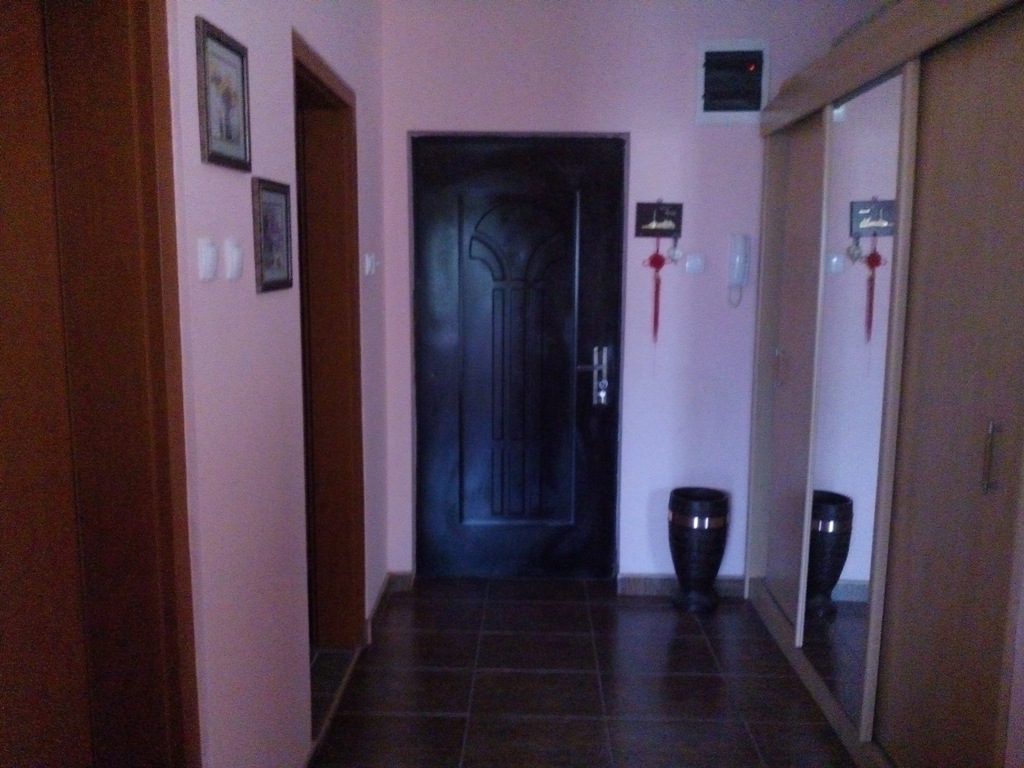 Hallway in an apartment in Baošići, Montenegro: dark front door, built-in mirrored wardrobe, and tiled floor.