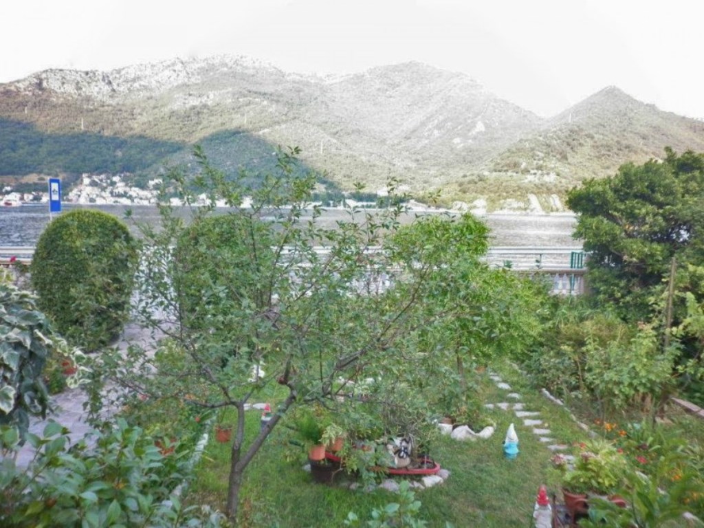 Grüner Garten mit Blick auf das Meer und die Berge am Haus in Kamenari, Montenegro: gepflegtes Grundstück mit Bäumen und Wegen.