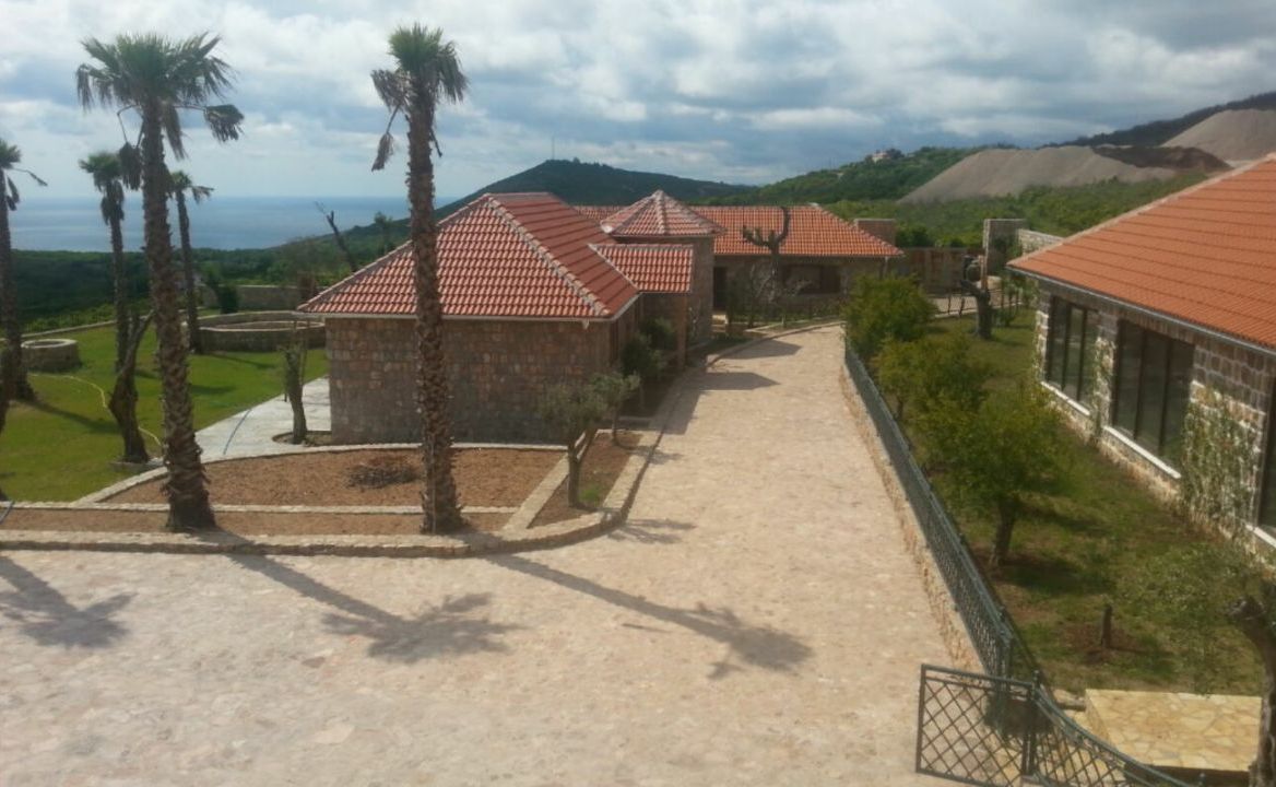 Vila u Krimovici, Crna Gora: kamena kuća sa crepnim krovom, palmama i panoramskim pogledom na Jadransko more.
