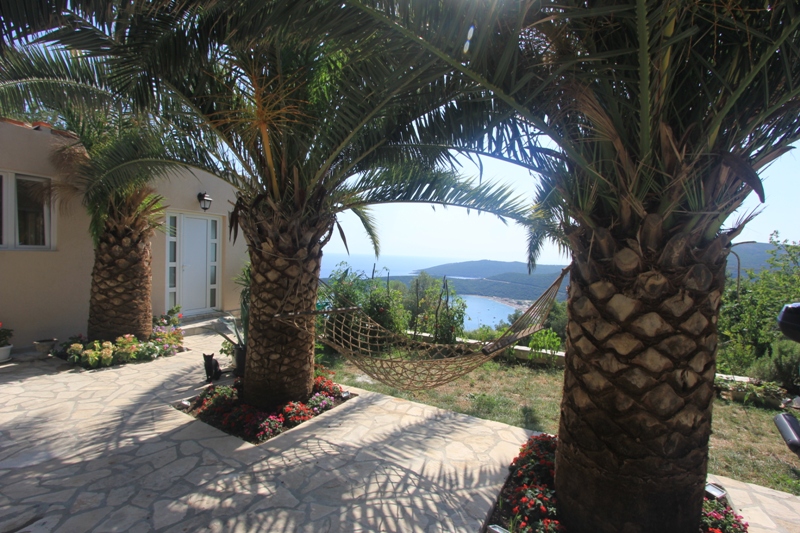 Terrasse eines Hauses in Seoce, Montenegro: Meerblick, Palmen, Hängematte und ein gepflasterter Bereich am Hauseingang.