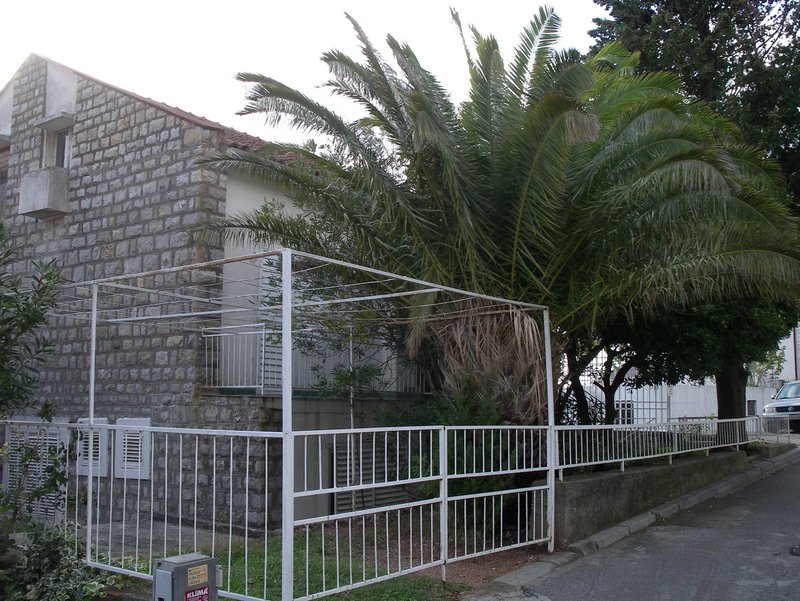 Fassade eines Hauses aus Naturstein mit Palme und weißem Zaun in Petrovac, Montenegro. Außenansicht eines Privathauses.