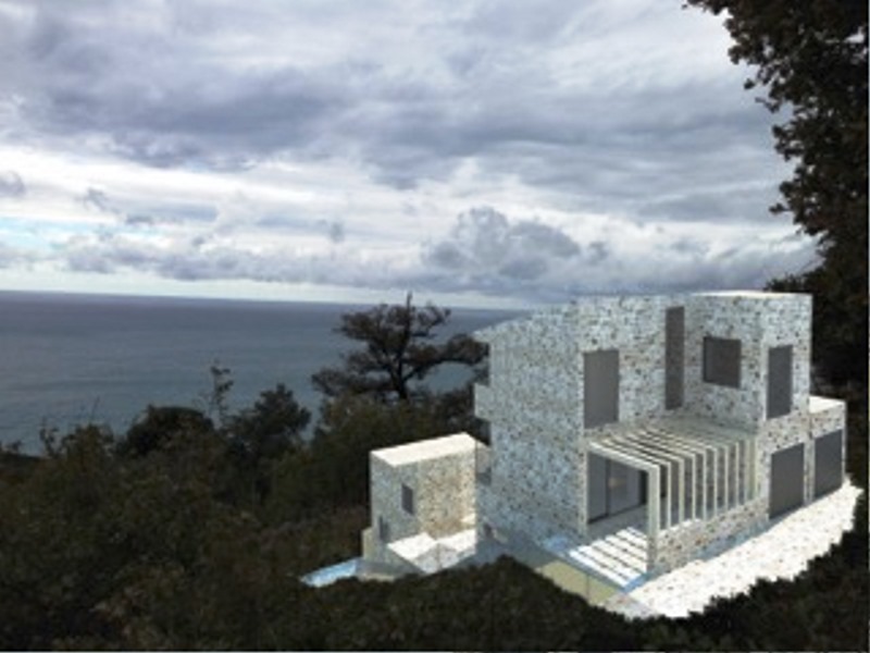 Projekt einer modernen Steinvilla mit Panoramablick auf das Meer in Reževići, Montenegro: Außenvisualisierung.