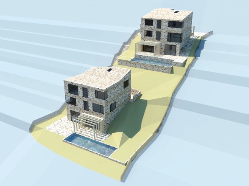3D-Visualisierung von zwei modernen Steinvillen mit Pools auf einem Grundstück in Reževići, Montenegro.