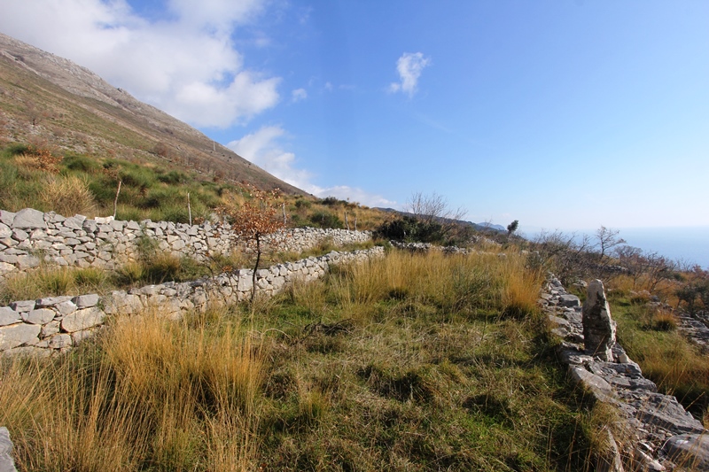 Grundstück in Reževići, Montenegro: terrassiertes Gelände mit Steinmauern und Panoramablick auf das Meer.