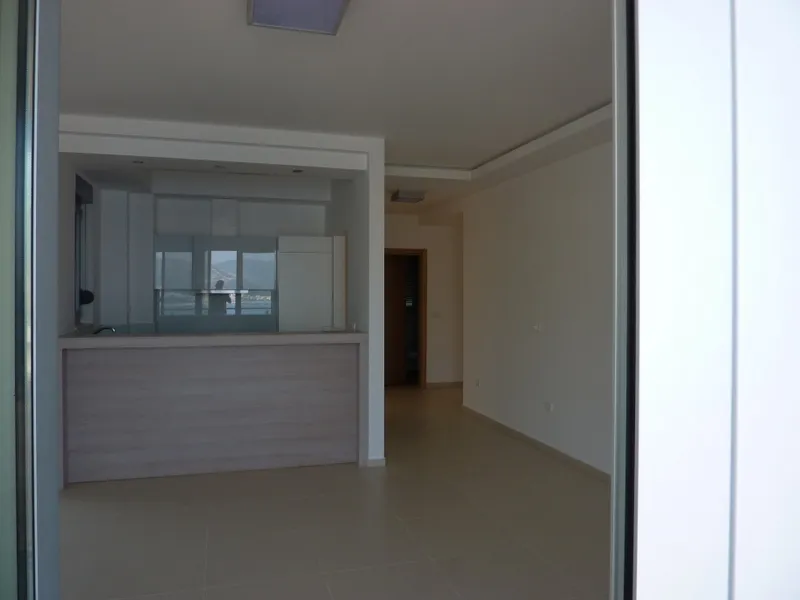 View of the kitchen counter and living room from the balcony.